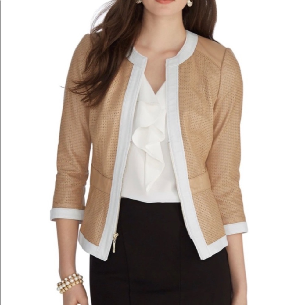 White House Black Market 3/4 Sleeve Leather Perforated Jacket size Small. Tan